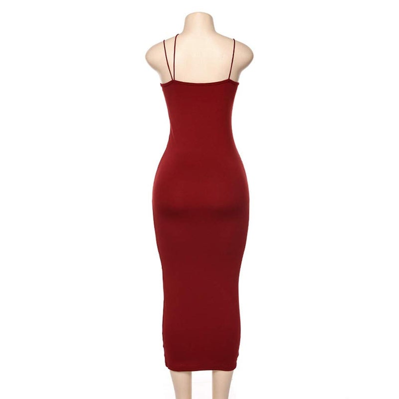 PRIMODA Women's Sexy Neon Asymmetrical Spaghetti Strap Dress Deep V-Neck Sleeveless Bodycon Midi Club Dress (Burgundy,M) - Image 5